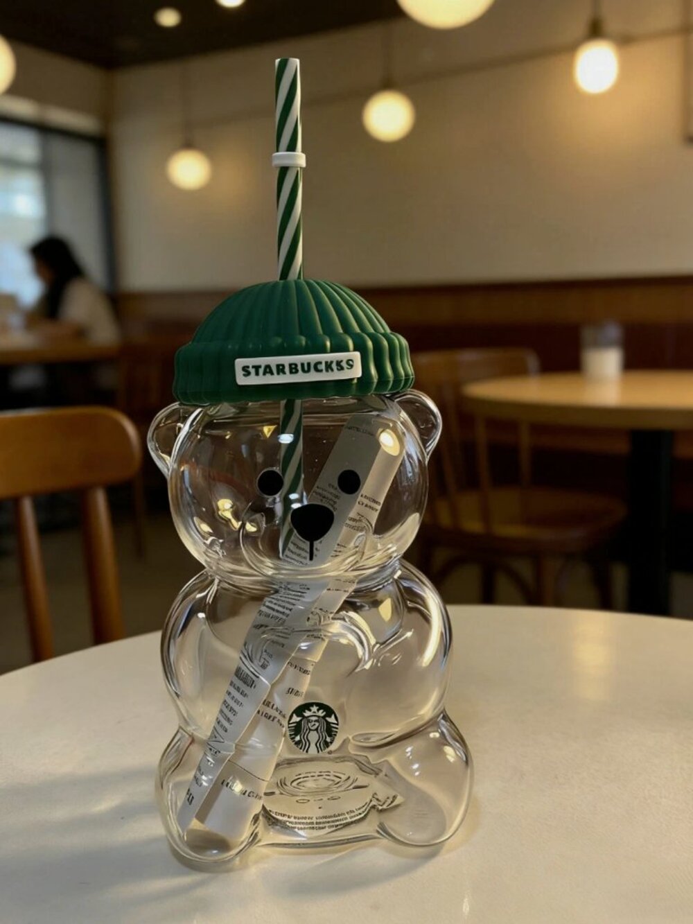 Glass Starbucks Bearista Bear Cold Cup with Green Cap New